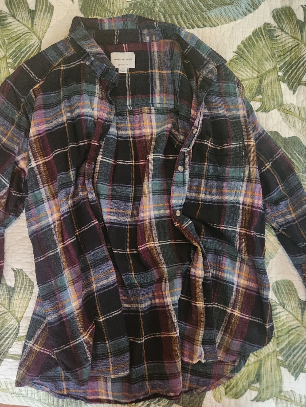 American Eagle Outfitters Black Plaid Shirt with Teal & Burgundy